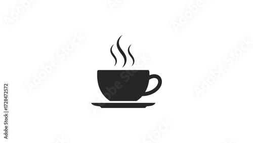 A simple black and white icon of a steaming coffee cup on a saucer, representing a hot beverage.