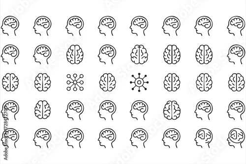 AI and neuroscience symbols, vector outline illustrations of human mind, neurons, and artificial intelligence concepts