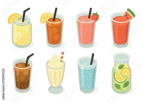 Colorful assortment of refreshing summer drinks with fruits and ice