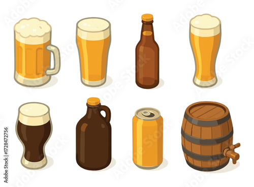 Assortment of beer drinks: mug, pint, bottle, can, and barrel collection