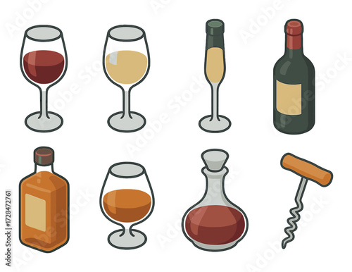 Collection of wine glasses, bottles, and corkscrew on striped background