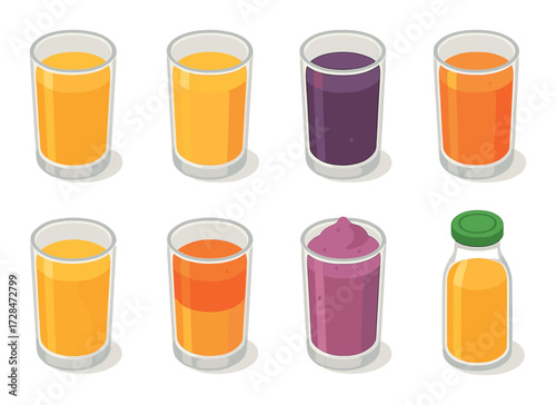 Colorful variety of juices and smoothies in glasses and bottle