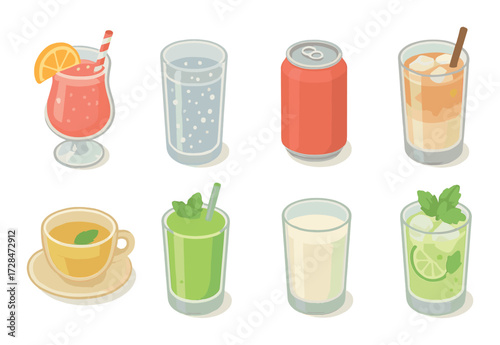 Colorful array of refreshing beverages: smoothie, soda, tea, juice, and more