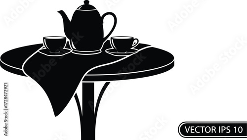 Black teapot with cups on a table, beverage service, vector illustration