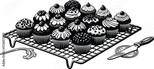 Monochrome cupcakes on cooling rack with knife, baking and dessert theme