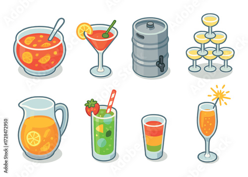 Colorful beverage icons featuring punch, cocktails, keg, and glasses assortment