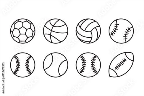 Vector set of athletics and recreation balls, outline drawings of football, volleyball, and baseball icons