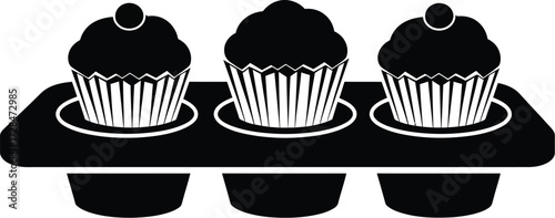 Three cupcakes in a baking tray, dessert treats, bakery