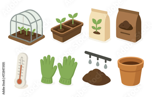 Gardening essentials: greenhouse, seedlings, soil, and tools icons
