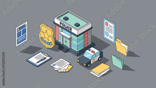 Vector Isometric Police Department Building with Patrol Car, Badge, and Legal Documents Illustration
