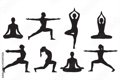 Yoga poses icons set, silhouette vector illustrations of meditation, stretching, balance, and fitness exercises, human body postures for wellness, health, relaxation, and spiritual practice