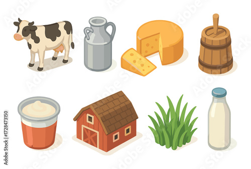 Dairy farm elements: cow, cheese, milk bottle, barn, cream, grass, butter churn