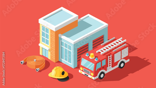 Isometric Fire Station and Emergency Services Vector Illustration with Fire Truck, Hose, and Helmet on Red Background