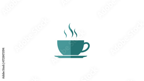A teal cup of hot beverage with steam rising from it, placed on a matching saucer.