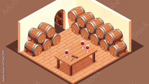 Charming Isometric Wine Cellar Vector Illustration with Tasting Table, Barrels, and Wine Rack