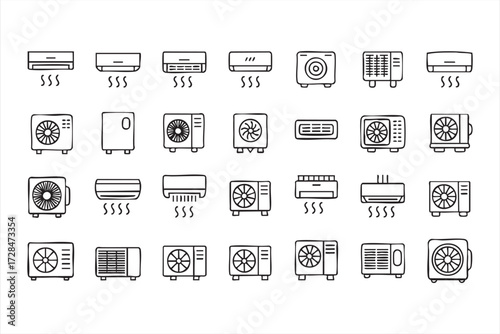 Air conditioning and heating system icons, vector drawings of HVAC units for home, office, and industrial design