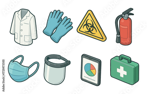 Essential safety equipment icons including lab coat, gloves, biohazard sign, and fire extinguisher