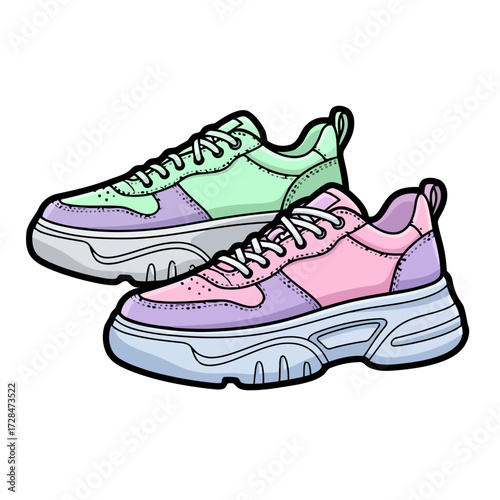 Pair stylish chunky sneakers in pastel pink, purple, and mint green