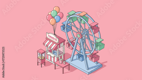Vector Isometric Amusement Park Scene with Ferris Wheel, Ticket Booth, Balloons & Popcorn in Soft Pastel Colors on Pink Background