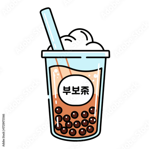 Cartoon bubble tea drink with tapioca pearls and straw, isolated on transparent
