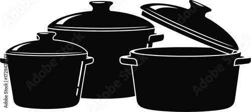 Black cooking pots, kitchenware, and cookware for food preparation