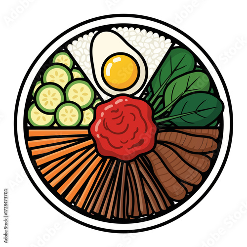 Topdown view colorful and delicious korean bibimbap dish in bowl