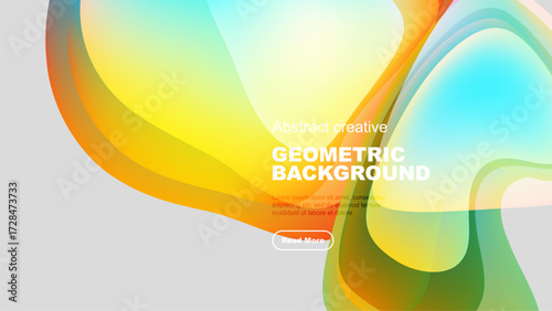 Abstract geometric background features flowing colorful shapes. Bright yellow, blue, green hues blend smoothly. Minimalist design.