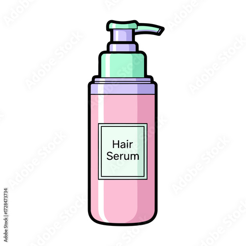 Bottle hair serum with pump dispenser, cosmetic product, beauty care, hair treatment, styling product, personal hygiene, liquid in container, pink and green colors, simple