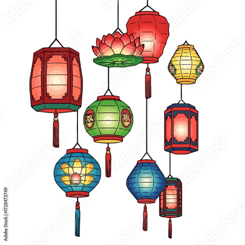 Collection colorful chinese lanterns hanging against transparent, featuring various shapes and designs, perfect for festive decorations and cultural celebrations