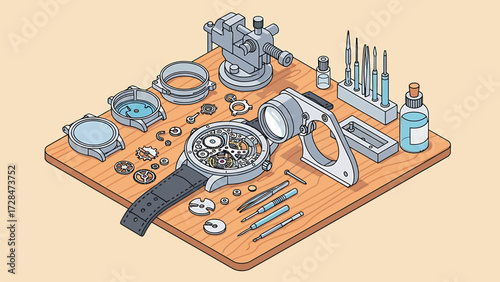 Intricate Watchmaking Workbench with Disassembled Mechanical Watch and Tools. Detailed Vector Isometric Illustration of Horology Craft and Precision Repair.