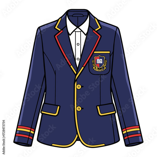 Formal navy blue school blazer with gold and red trim, shirt collar, and an embroidered crest on the chest, isolated on transparent, symbolizing education and academia