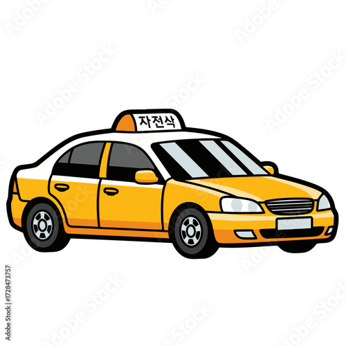 Cartoon yellow taxi car with red light on top and korean text on the sign, isolated on transparent, representing transportation and urban services