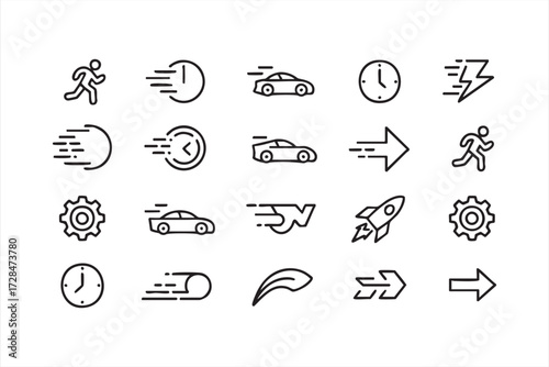 Technology and speed vector icons, outline illustrations of cars, rockets, and arrows for business and innovation