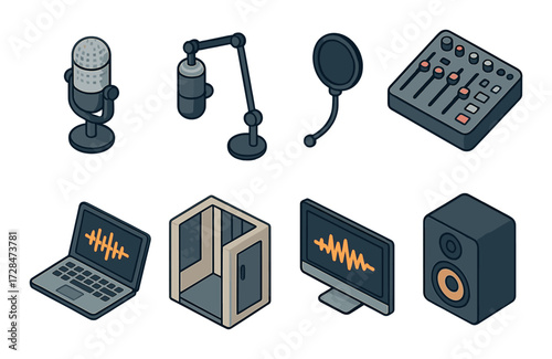 Audio equipment set featuring microphone, mixing console, and soundproof booth