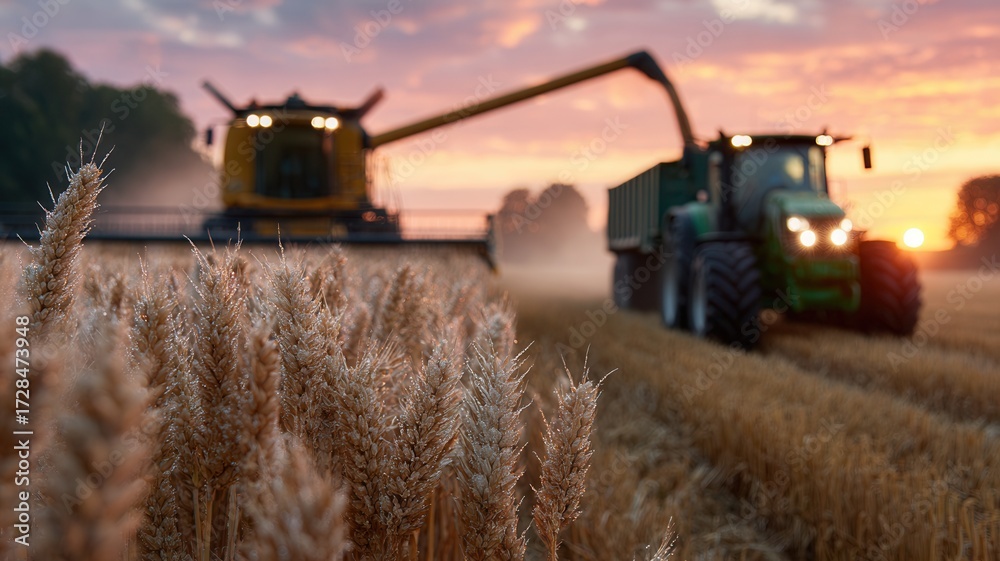 Obraz premium Combine harvester working in wheat field at sunset, creating a beautiful and evocative agricultural landscape