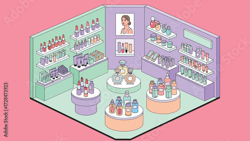 Vector Isometric Beauty Store Illustration with Pastel Cosmetics Display and Skincare Products