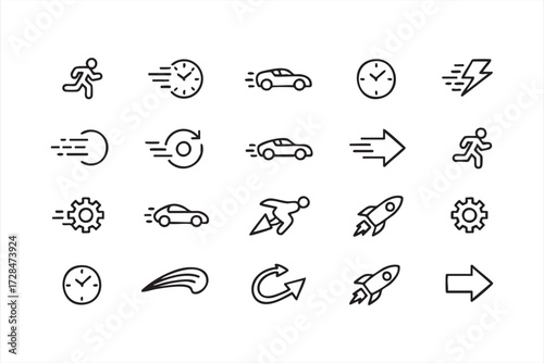 Fast performance and progress doodle vector pack, outline symbols of motion, energy, and quick movement