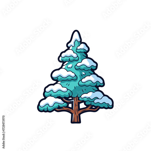 Cartoon stylized evergreen tree covered in snow, with thick trunk and branches laden with snow, isolated on transparent