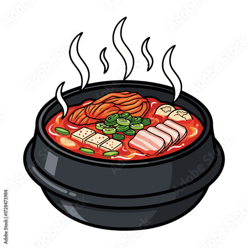 Steaming bowl korean kimchi jjigae, spicy stew with kimchi, tofu, meat, and green onions, presented in traditional black pot, isolated on transparent