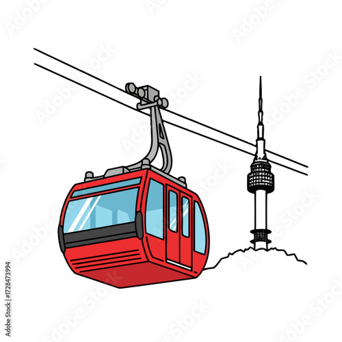 Red cable car ascending towards namsan seoul tower, famous landmark in south korea, against transparent