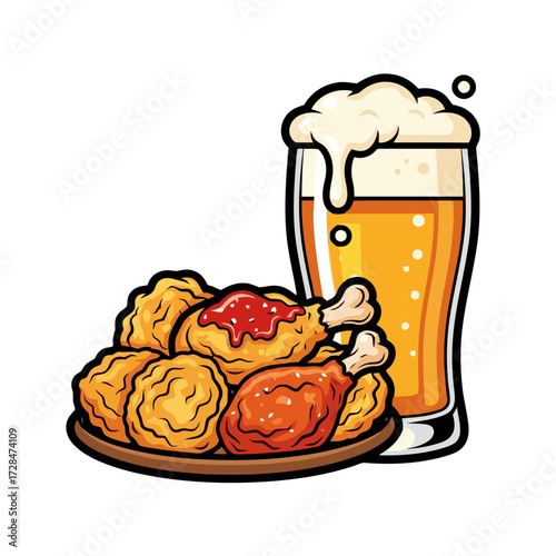 Delicious fried chicken pieces served on plate next to tall glass frothy beer, perfect for casual meal or pub gathering