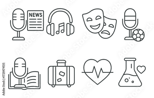 Podcast icons: news, music, theater, sports, education, travel, health, science