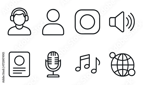 Audio and music interface icons: headphones, microphone, music note, volume, global connectivity