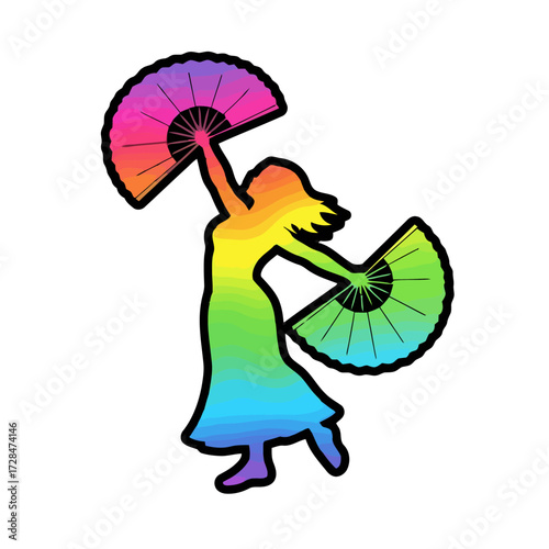 Silhouette dancer performing with colorful rainbow gradient fans, embodying grace and vibrant movement