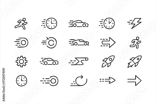 Vector outline icons of speed and fast motion, cars, rockets, arrows, clocks, and running illustrations