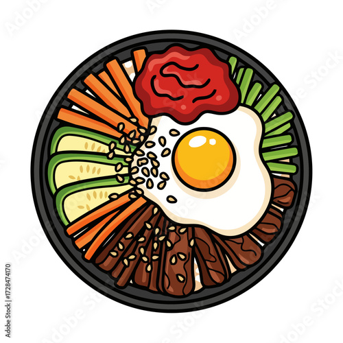 Topdown delicious bibimbap, popular korean rice dish, featuring rice, assorted vegetables, beef, and fried egg, isolated on transparent