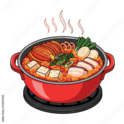 Vibrant steaming hot pot kimchi jjigae, classic korean stew, filled with kimchi, tofu, pork, and vegetables, served in red pot on stove, isolated on transparent