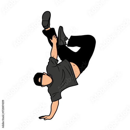 Dynamic breakdancer performing power move, balancing on one hand with legs extended, wearing cap and casual clothing, isolated on transparent