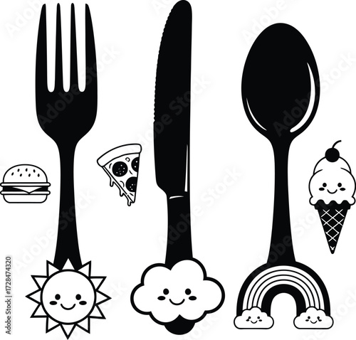 Whimsical cutlery with sun, cloud, and rainbow