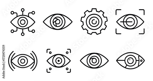 Eye icon set: technology, vision, gear, focus and design elements